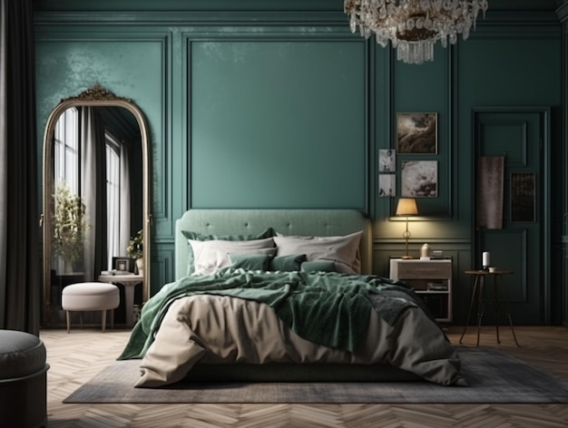 Een slaapkamer met een groene muur en een bed met groen beddengoed en een lamp op het bijzettafeltje.