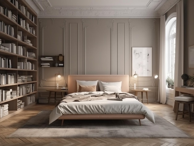 Een slaapkamer met een groot bed en een boekenkast met een boekenkast aan de muur.