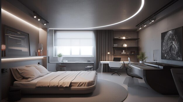 Een slaapkamer met een groot bed en een bureau met een lamp erop.