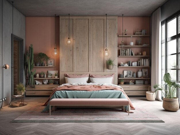 Een slaapkamer met een groot bed en een houten deur waarop 'het woord bed' staat
