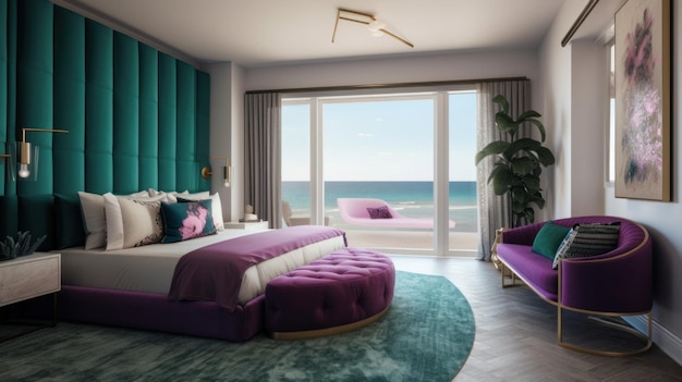 Een slaapkamer met een groot bed en een paarse stoel Generatief AI-beeld