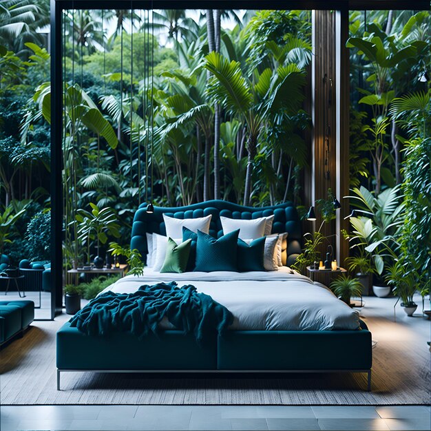 Foto een slaapkamer met een groot bed omringd door groen.