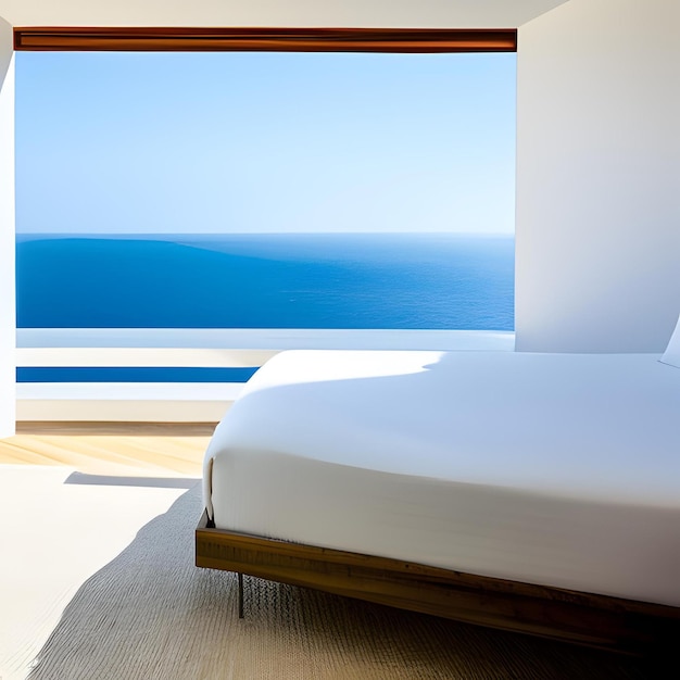 Een slaapkamer met een groot raam met uitzicht op de oceaan.