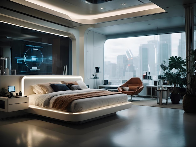 Een slaapkamer met een hightech futuristisch laboratorium op de achtergrond