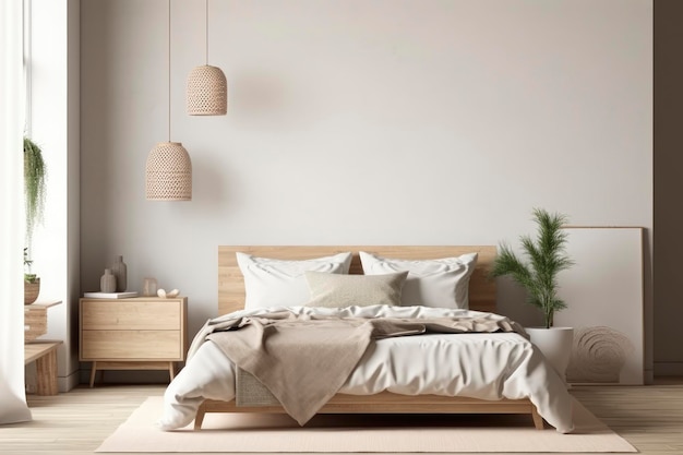 Een slaapkamer met een houten bed en een lamp aan de muur