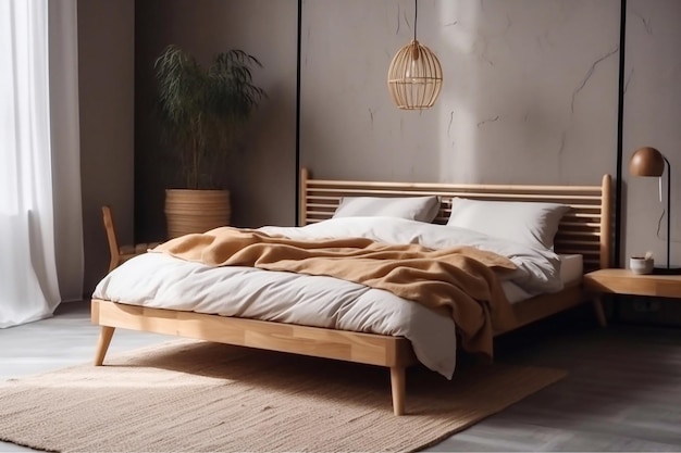 Een slaapkamer met een houten bed en een lamp die aan het plafond hangt.