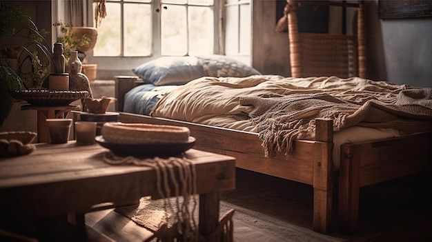 Een slaapkamer met een houten tafel en een houten bed met een mand erop.