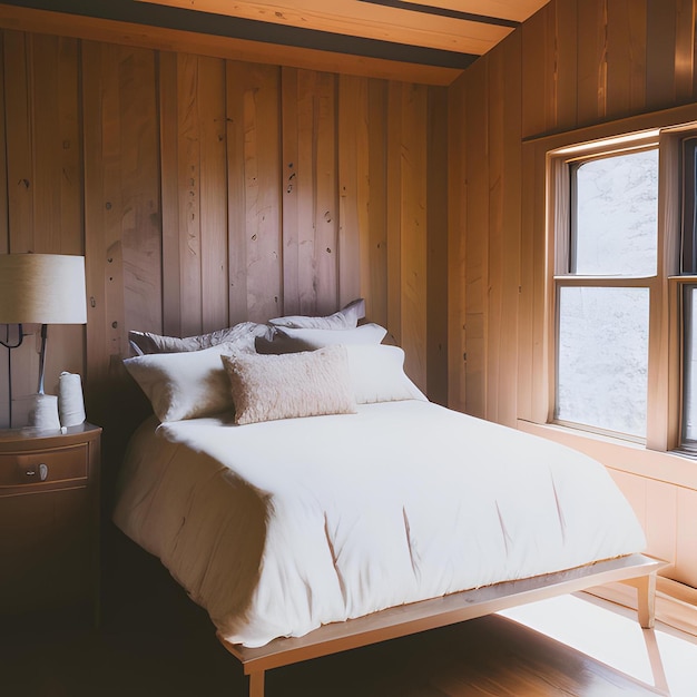 Een slaapkamer met een houten wand en een bed met kussens erop.