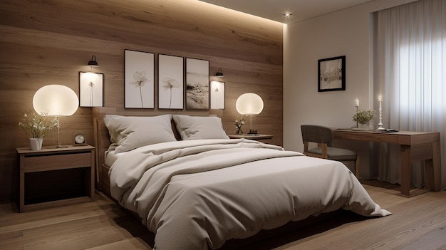 Foto een slaapkamer met een houten wand en een bed met witte lakens en een lamp.