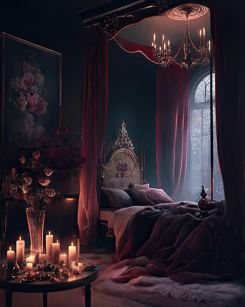 Een slaapkamer met een kroonluchter en een bed met een groot hoofdbord en een grote kroonluchter.