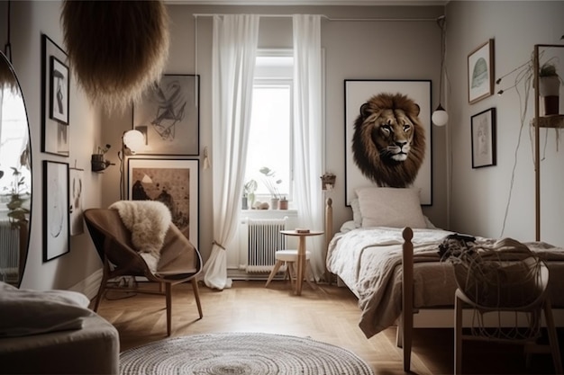 Foto een slaapkamer met een leeuw op de muur