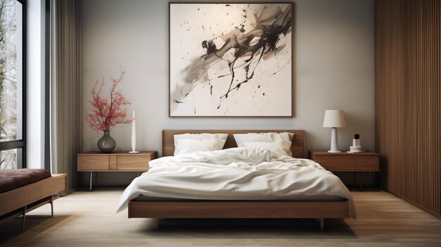Een slaapkamer met een nachtkastje en een schilderij
