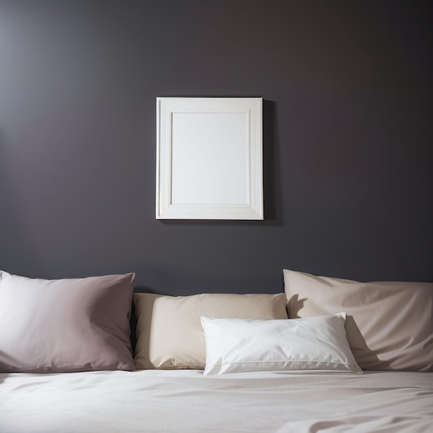 Een slaapkamer met een netjes geordend bed een leeg fotolijstje aan de muur