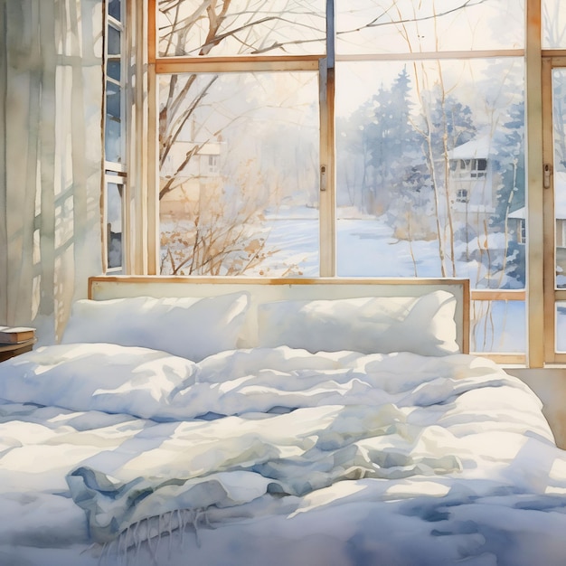 een slaapkamer met een raam met een met sneeuw bedekt landschap