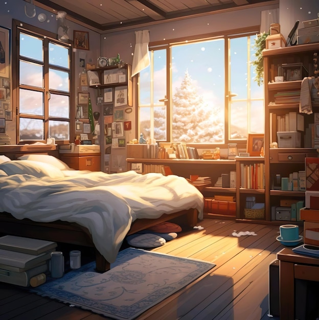 Een slaapkamer met een raam met uitzicht op de boom tijdens de animatie in het winterseizoen