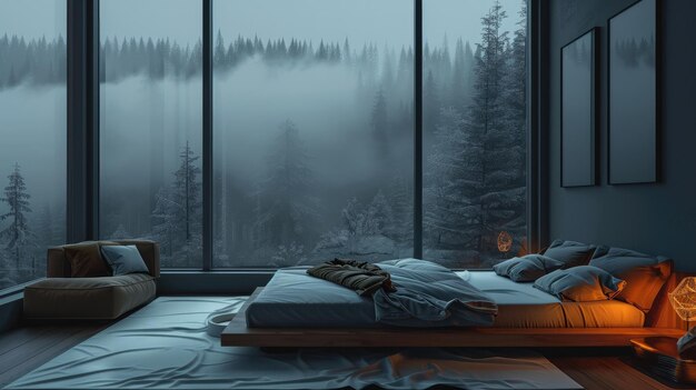 Foto een slaapkamer met een raam met uitzicht op een bos