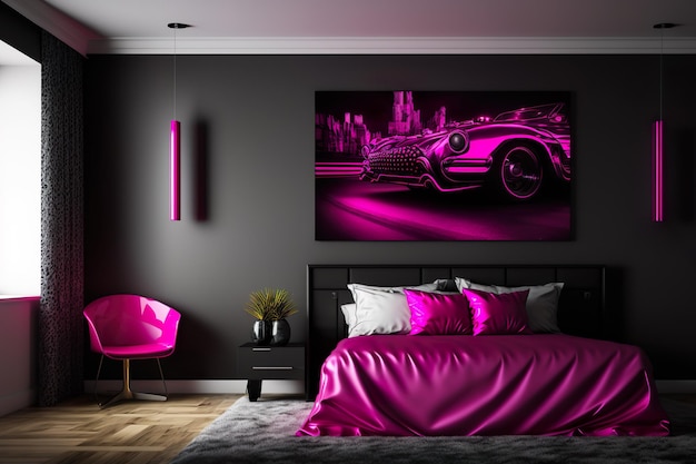 Een slaapkamer met een roze bed en een afbeelding van een auto aan de muur.