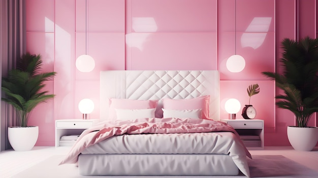 Een slaapkamer met een roze muur en een wit bed met een wit hoofdbord en een lamp erop.