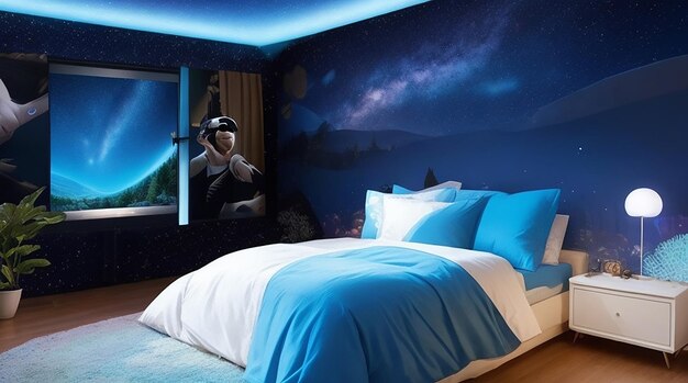 Een slaapkamer met een virtual reality-projector voor verhaaltjes voor het slapengaan