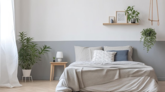 Een slaapkamer met een witte muur en een bed met een blauw kussen erop.