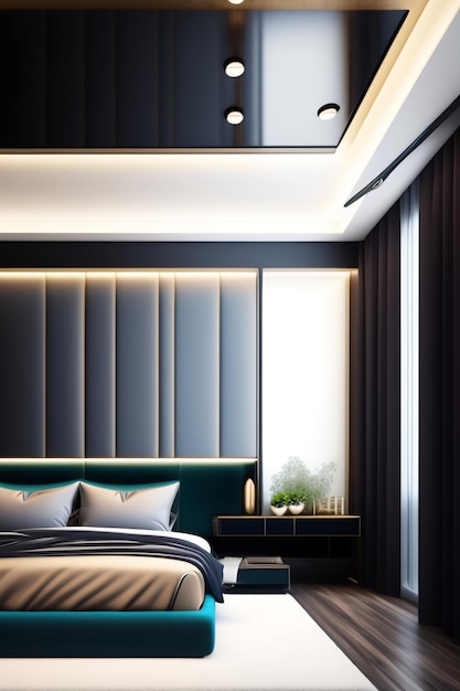 Een slaapkamer met een zwart plafond en een zwart bed met een wit laken waarop 'het woord' staat.