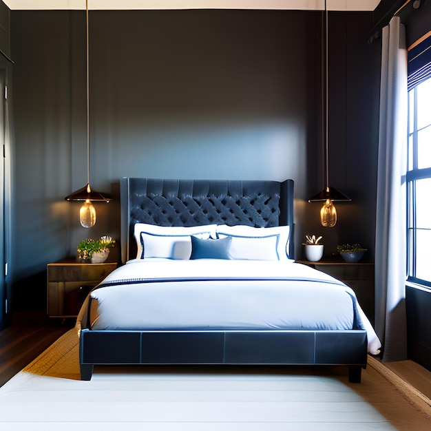 Een slaapkamer met een zwarte muur en een bed met een hoofdeinde en kussens.