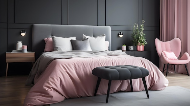 Een slaapkamer met een zwarte muur en een roze bed met een zwarte stoel.