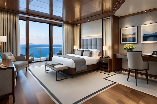 Een slaapkamer met uitzicht op de oceaan en een groot raam.