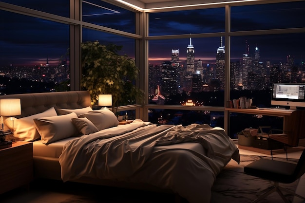 Een slaapkamer met uitzicht op de stad 's nachts AI