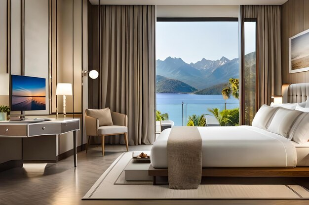Een slaapkamer met uitzicht op een berg en een meer.