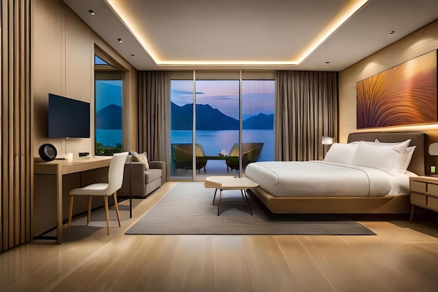 Een slaapkamer met uitzicht op het meer en de bergen