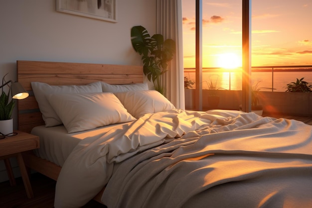 een slaapkamer met zonlicht dat warmte binnenstroomt en een natuurlijke wake-up call van een AI-generatieve zonsopgang