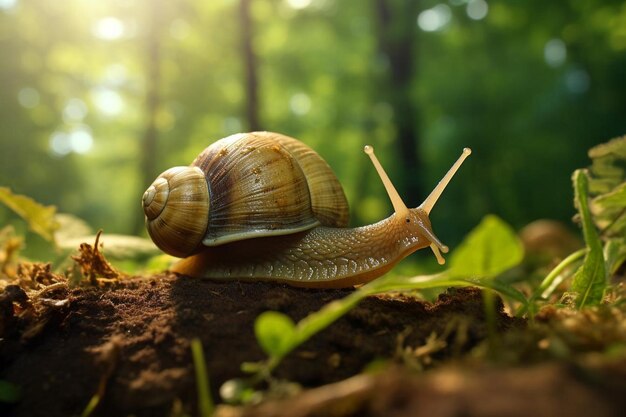 Een slak ligt op de grond in het bos.