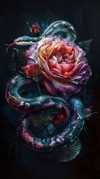 Een slang is gewikkeld rond een bloem met de bloem roze de slang is omringd door bladeren en bloemen die de indruk geven van een natuurlijke scène