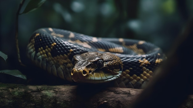 Een slang met een blauw en geel gezicht ligt op een tak.