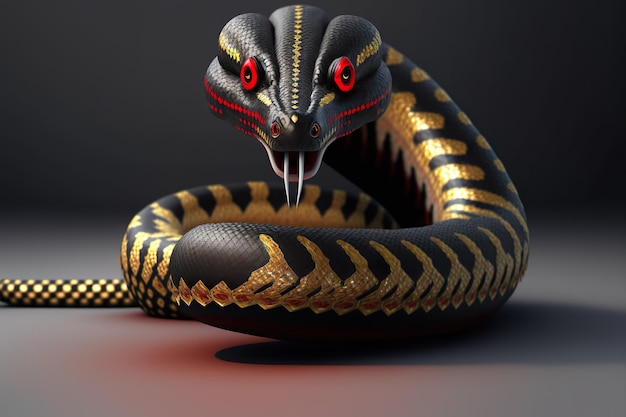 Een slang met rode ogen en een zwart en goud lichaam.
