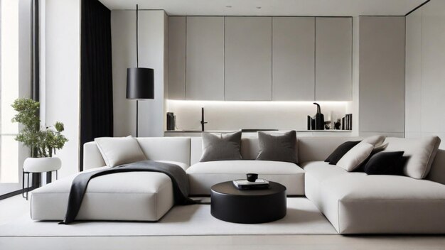 Een slank en modern appartement met een minimalistische esthetiek met schone lijnen en een monochromatische