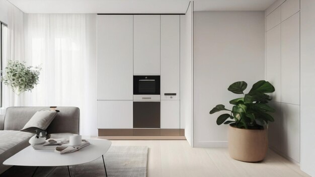 Een slank en modern appartement met een minimalistische inrichting met schone lijnen en een neutrale kleur