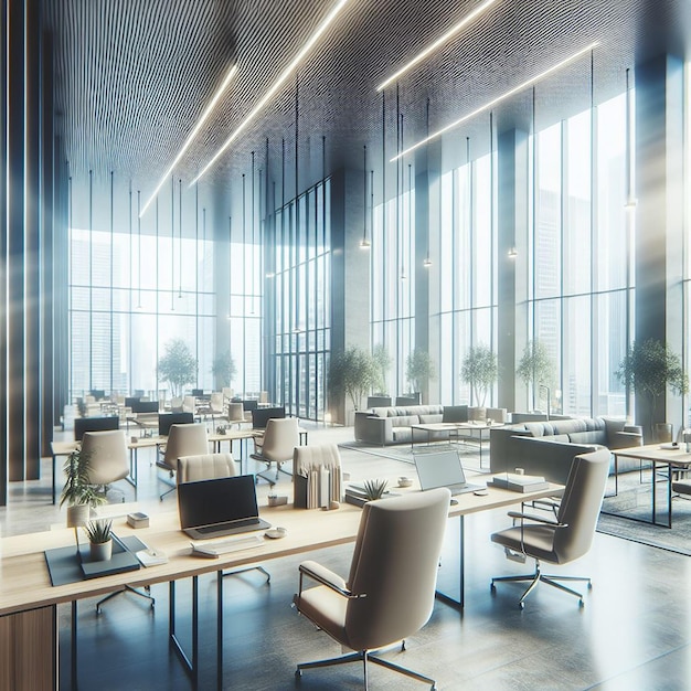 Een slank modern kantoor met een vervaagde achtergrond en overvloedig licht