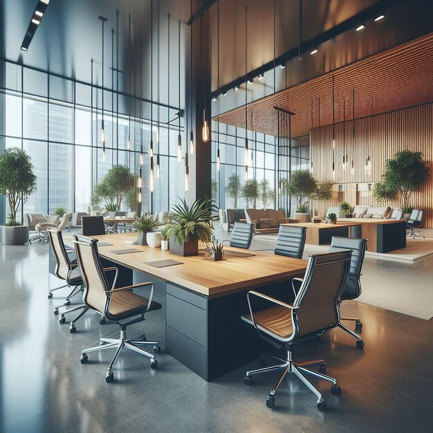 Een slank modern kantoor met een vervaagde achtergrond en overvloedig licht