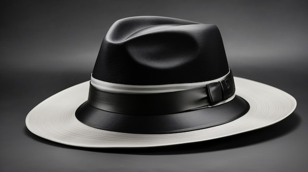 Een slanke en geavanceerde fedora met een zwart-wit gestreepte patroon en een elegante lederen rand