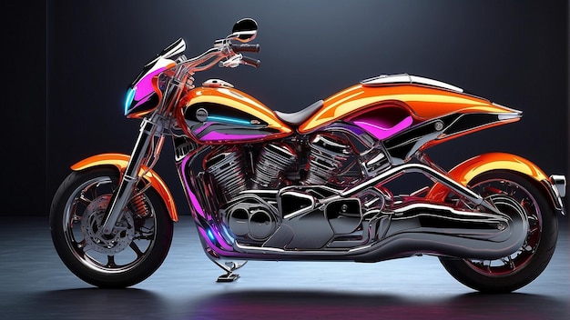 Een slanke en luxe neon kleur futuristische motorfiets met een glanzende chroom buitenkant.