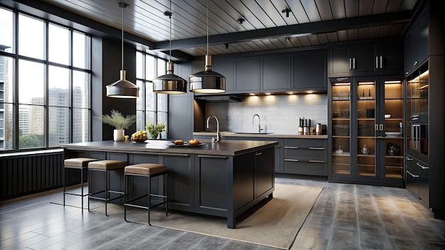 Een slanke en moderne donkere zwarte keuken straalt industriële stijl en verfijnde stijl uit