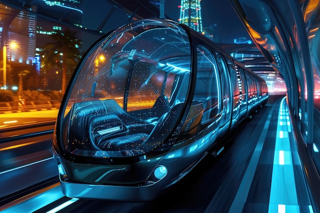 Een slanke en moderne trein zoomt moeiteloos door de verlichte straten van de stad en toont een futuristisch vervoerssysteem in actie Futuristische nanotechnologie in het vervoer AI gegenereerd