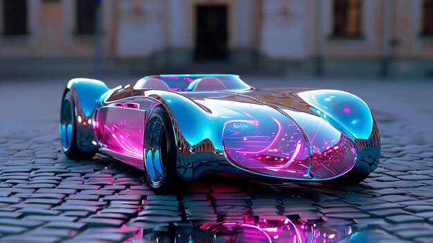 Foto een slanke en stijlvolle sportwagen met een futuristisch ontwerp de auto is gemaakt van een zeer reflecterend materiaal dat het een spiegelachtige afwerking geeft