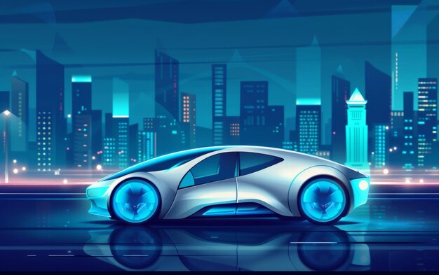 Een slanke futuristische auto glinstert onder neonlichten in een levendig cyberpunk stadsbeeld dat hightech vibes en geavanceerd stedelijk ontwerp weerspiegelt.