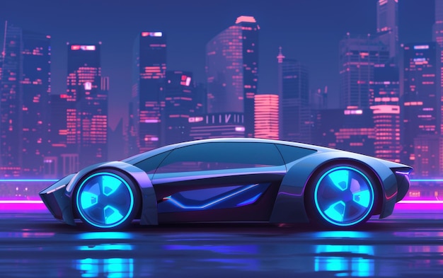 Een slanke futuristische auto glinstert onder neonlichten in een levendig cyberpunk stadsbeeld dat hightech vibes en geavanceerd stedelijk ontwerp weerspiegelt.