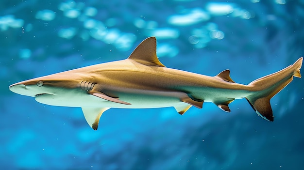 Een slanke grijze haai glijdt door de diepblauwe oceaan zijn krachtige lichaam en scherpe tanden maken hem een formidabele roofdier