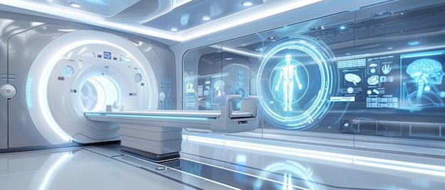Een slanke MRI-scannerkamer verbeterd met holografische displays van hersenscans en andere medische gegevens met geavanceerde diagnostische technologie