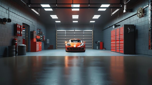 Foto een slanke rode sportwagen zit in een moderne garage met bakstenen muren en een grote garage deur